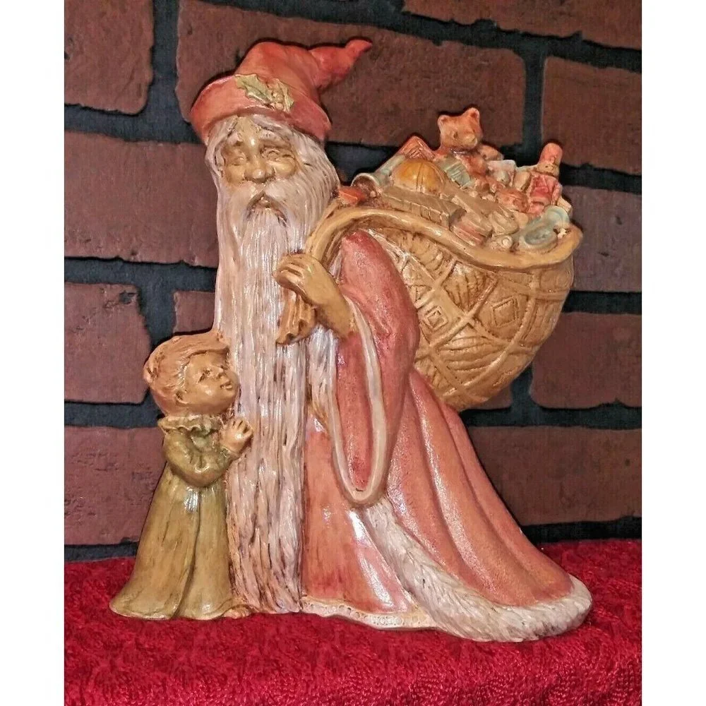 Vintage Antique Santa Figure w Child & Bag of Toys Ceramic Neutral colors RARE